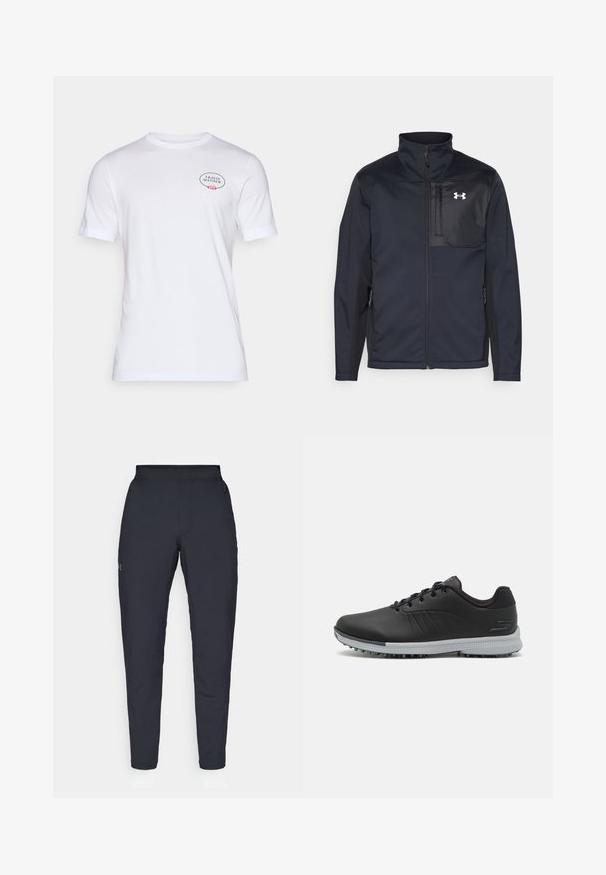 Hosszú ujjú fekete dzseki magas gallérral, elülső cipzárral, oldalsó zsebekkel és kontrasztos fekete mellpanellel, amely logót tartalmaz.; Fehér pamut póló rövid ujjakkal, kerek nyakkivágással, és virágos díszítéssel ellátott logóval a bal mellkas területén.; Fekete sportnadrág sima textúrával, karcsú szabással, rugalmas derékrésszel és oldalzsebekkel. A bal combján egy kis logó található.; Fekete szintetikus golfcipők texturált felsőrésszel, fűzős kialakítással és szürke talppal, amelyen tüskék találhatók a tapadás érdekében.