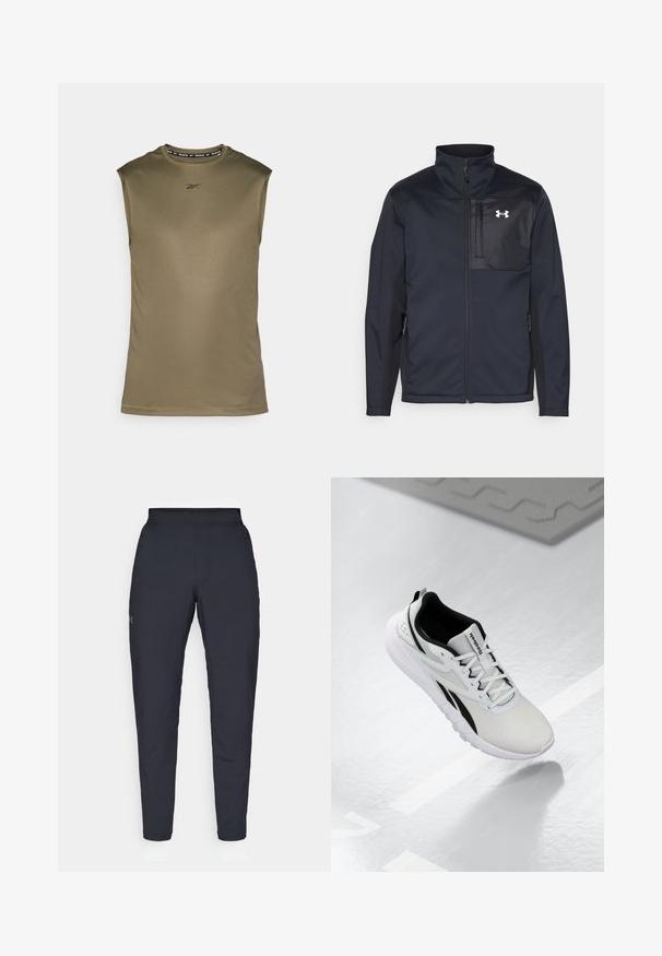 Hosszú ujjú fekete dzseki magas gallérral, elülső cipzárral, oldalsó zsebekkel és kontrasztos fekete mellpanellel, amely logót tartalmaz.; Ujjatlan sportpóló olívazöld színben, sima, könnyű anyagból készült. Fekete Reebok logóval és kerek nyakkivágással rendelkezik.; Fekete sportnadrág sima textúrával, karcsú szabással, rugalmas derékrésszel és oldalzsebekkel. A bal combján egy kis logó található.; Világosszürke sportcipő fekete részletekkel, texturált hálós felsőrésszel, párnázott talppal és fűzős záródással. Sarka hátul húzófüllel rendelkezik.