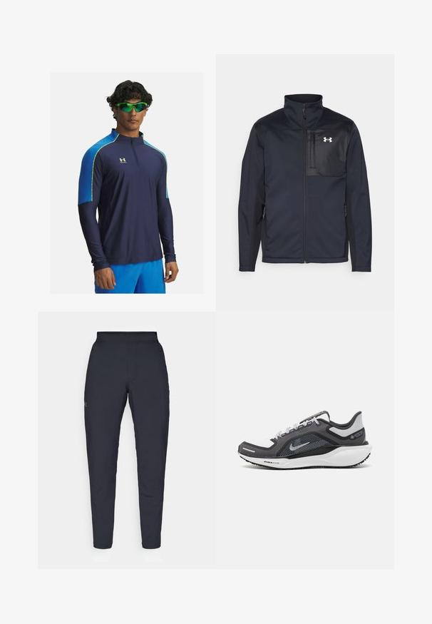 Schwarze Jacke mit langen Ärmeln und hohem Kragen, ausgestattet mit einem Frontreißverschluss, Seitentaschen und einem kontrastierenden schwarzen Brustpanel mit einem Logo.; Marineblaues, langärmliges Sportoberteil mit einem hohen Kragen, das blaue Schulterakzente und neon-gelbe Nähte aufweist. Feuchtigkeitstransportierend, enganliegendes Design.; Schwarze Sporthose mit glatter Textur, schlankem Schnitt, elastischem Bund und seitlichen Taschen. Mit einem kleinen Logo auf dem linken Oberschenkel.; Schwarzer und grauer Sportschuh mit einem Mesh-Obermaterial, reflektierenden Akzenten und einer weißen Zwischensohle. Verfügt über eine strukturierte Gummisohle und Schnürsenkel.