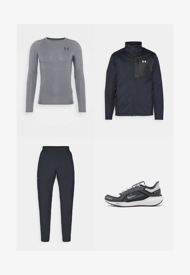 Čierna bunda s dlhým rukávom a vysokým golierom, vybavená predným zipsom, bočnými vreckami a kontrastným čiernym panelom na hrudi s logom.; Dlhý rukáv športového topu v tmavošedej farbe, vyrobený z hladkej, pružnej látky s jemným leskom a plochými švami; obsahuje malé logo na hrudi.; Čierne športové nohavice s hladkým povrchom, priliehavým strihom, elastickým pásom a bočnými vreckami. Obsahujú malé logo na ľavom stehne.; Čierna a sivá športová obuv s vrchnou časťou z priedušného materiálu, reflexné akcenty a biely medzipodrážka. Obsahuje štruktúrovanú gumovú podrážku a šnúrky.