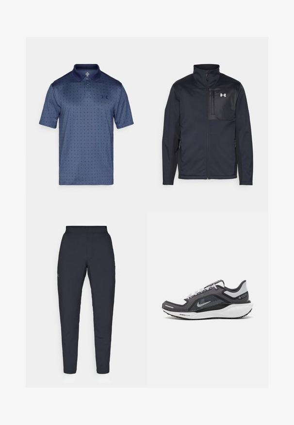 Czarna kurtka z długim rękawem i wysokim kołnierzem, z zamkiem błyskawicznym z przodu, kieszeniami bocznymi oraz kontrastującym czarnym panelem na klatce piersiowej z logo.; Granatowa koszulka polo wykonana z oddychającego materiału, z subtelnym wzorem w gwiazdki, z dwoma guzikami i kołnierzykiem. Logo Under Armour na klatce piersiowej.; Czarne spodnie sportowe o gładkiej fakturze, dopasowanym kroju, elastycznej talii i bocznych kieszeniach. Posiadają małe logo na lewym udzie.; Czarne i szare buty sportowe z siateczkową cholewką, odblaskowymi akcentami i białą podeszwą środkową. Posiadają teksturowaną gumową podeszwę i sznurowadła.