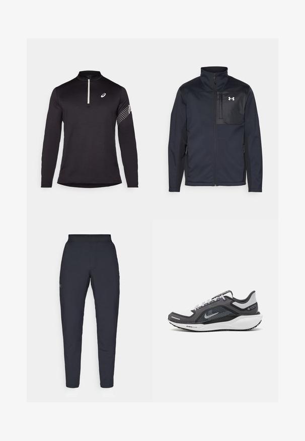 Chaqueta negra de manga larga con cuello alto, que cuenta con un cierre frontal, bolsillos laterales y un panel en el pecho de color negro en contraste con un logotipo.; Top negro de manga larga con cuello de media cremallera, tejido texturizado y un logo blanco en el pecho con un patrón de puntos en la manga.; Pantalones deportivos negros con una textura suave, corte ajustado, cinturilla elástica y bolsillos laterales. Presentan un pequeño logo en el muslo izquierdo.; Zapatilla deportiva negro y gris con parte superior de malla, acentos reflectantes y una entresuela blanca. Presenta una suela de goma texturizada y cordones.
