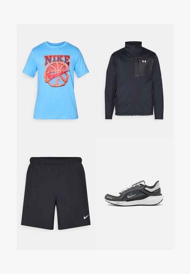 Hosszú ujjú fekete dzseki magas gallérral, elülső cipzárral, oldalsó zsebekkel és kontrasztos fekete mellpanellel, amely logót tartalmaz.; Világoskék pamut póló, nagyméretű narancssárga Nike logóval egy kosárlabda grafika felett, rövid ujjal és kerek nyakkivágással.; Fekete sportnadrág könnyű anyagból, rugalmas derékkal. A bal alsó oldalon egy kis fehér Nike-logó található.; Fekete és szürke sportcipő, hálós felsőrésszel, fényvisszaverő részletekkel és fehér középtalppal. A talpa texturált gumiból készült, és fűzőkkel rendelkezik.