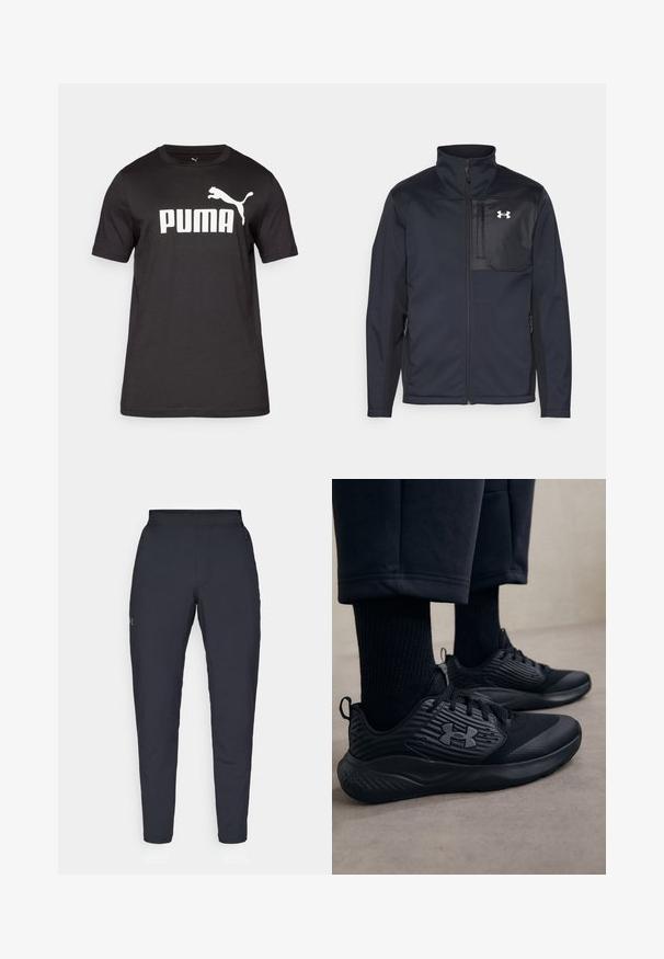 Črna jakna z dolgimi rokavi in visokim ovratnikom, z zadrgo spredaj, stranskimi žepi in kontrastnim črnim panelom na prsih z logotipom.; Črna bombažna majica s kratkimi rokavi z belim napisom "PUMA" in grafikonom skakajoče pumice na prsih. Ima okroglo ovratnik.; Črne atletske hlače z gladko teksturo, ožjega kroja, elastičnim pasom in stranskimi žepi. Imajo majhen logotip na levem stegnu.; Oseba nosi črne atletske superge z teksturirano stranjo in logotipom, v kombinaciji s črnimi nogavicami in skrajšanimi hlačami na svetli podlagi.