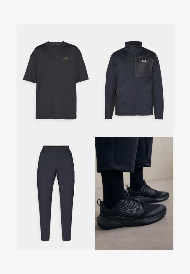 Pitkähiha musta takki, jossa on korkea kaulus, etuvetoketju, sivutaskut ja erottuva musta rintapaneeli logolla.; Musta lyhythihainen T-paita, joka on valmistettu sileästä kankaasta ja jossa on pieni keltainen logopatchi rinnassa. Muotoilu on rentoa ja pyöreäkauluksista.; Mustat urheiluhousut, joissa on sileä pinta, kapea malli, joustava vyötäkuja ja sivutaskut. Vasemmassa reisissä on pieni logo.; Henkilö, joka käyttää mustia urheilukenkiä, joissa on teksturoitu sivu ja logo, yhdistettynä mustiin sukkiin ja lyhyisiin housuihin vaalealla lattialla.