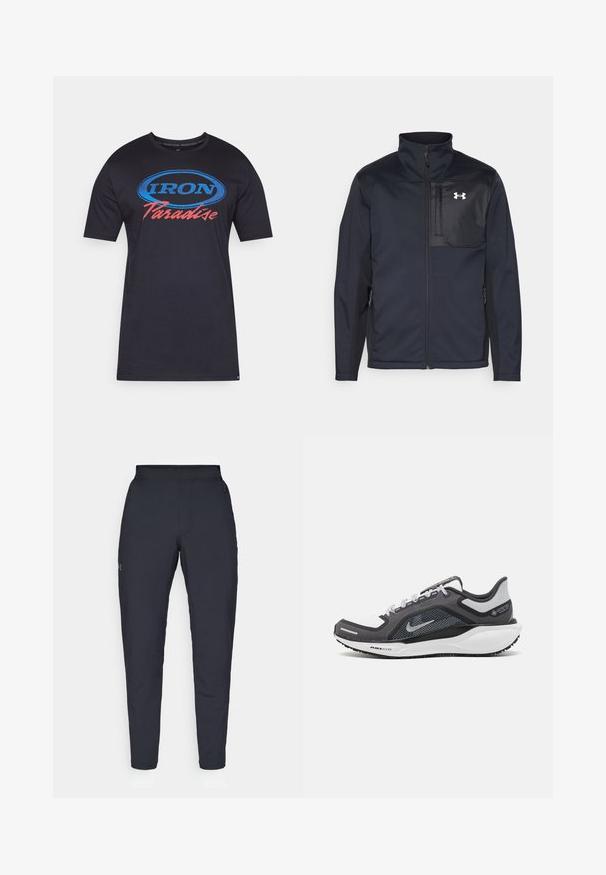 Jachetă neagră cu mâneci lungi, cu guler înalt, având un fermoar frontal, buzunare laterale și un panou central contrastant negru cu un logo.; Tricou negru cu mânecă scurtă, fabricat din bumbac. Are imprimeu grafic "IRON" în albastru și "Paradise" în roșu pe față, într-un contur oval.; Pantaloni sportivi negri cu o textură fină, croială slim, talie elastică și buzunare laterale. Prezentă un mic logo pe coapsa stângă.; Încălțăminte sport neagră și gri, cu partea superioară din plasă, accente reflectorizante și o talpă intermediară albă. Dispune de o talpă din cauciuc texturat și șireturi.
