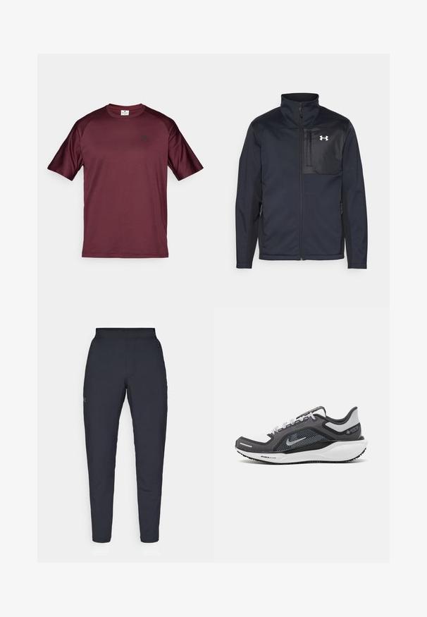 Long-sleeve black jacket with a high collar, featuring a front zipper, side pockets, and a contrasting black chest panel with a logo.; Burgundy athletic t-shirt featuring short sleeves, a crew neck, and a small black logo on the chest. Made of smooth, lightweight material.; Black athletic pants with a smooth texture, slim fit, elastic waistband, and side pockets. Features a small logo on the left thigh.; Black and gray athletic shoe with a mesh upper, reflective accents, and a white midsole. Features textured rubber outsole and laces.