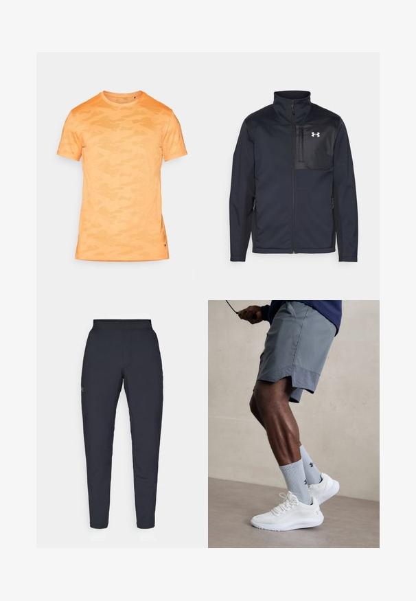 Langærmet sort jakke med høj krave, som har en frontlynlås, sidelommer og en kontrasterende sort brystpanel med et logo.; Orange camo-mønsteret kortærmet t-shirt med rund hals og subtilt struktureret stof. Sideslids detalje ved kanten. Letvægtsdesign.; Sorte atletiske bukser med en glat overflade, tætsiddende pasform, elastisk talje og sidelommer. Indeholder et lille logo på venstre lår.; Hvide sportsko med tekstureret mesh-overdel, parret med lyseblå ribbede sokker med et logo. Grå sports shorts med perforeret kant.