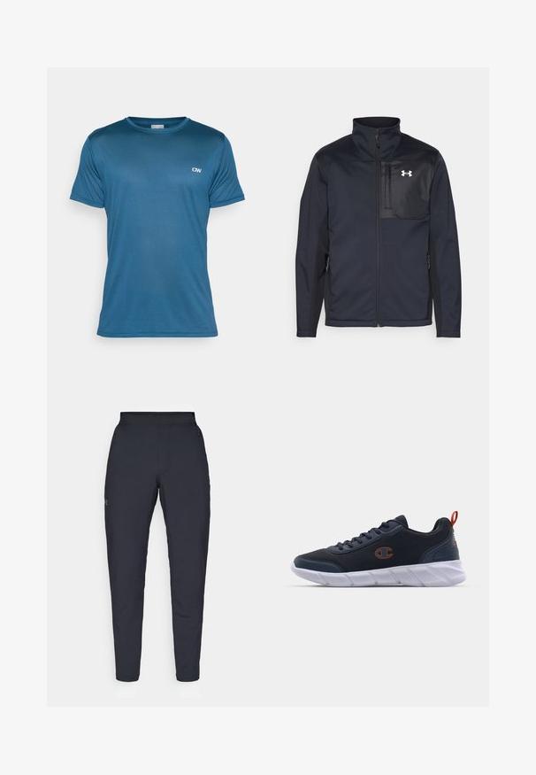 Svart jacka med lång ärm och hög krage, med en dragkedja fram, sidofickor och en kontrasterande svart bröstpanel med en logotyp.; Blå, kortärmad sportt-shirt med strukturerad tyg och rund halsringning; har en liten logotyp på övre vänstra sidan.; Svarta träningsbyxor med en slät yta, slim fit, elastisk midja och sidofickor. Har en liten logotyp på vänstra låret.; Champion JOLT - Träningsskor - navy/koi