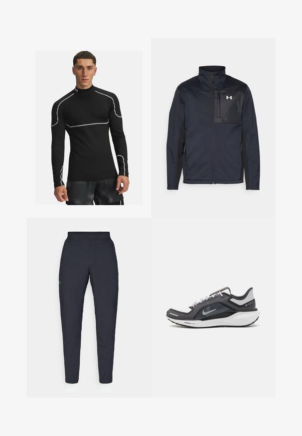 Zwarte lange mouwen jas met een hoge kraag, voorzien van een ritssluiting aan de voorkant, zijzakken en een contrasterend zwart borstpaneel met een logo.; Zwart sporttop met lange mouwen, gemaakt van rekbare stof. Beschikt over grijze stiksels langs de naden en een hoge Hals.; Zwarte sportbroeken met een gladde textuur, slanke pasvorm, elastische tailleband en zijzakken. Bevat een klein logo op het linkerdij.; Zwarte en grijze sportschoen met een bovenwerk van mesh, reflecterende accenten en een witte tussenzool. Beschikt over een gestructureerde rubberen zool en veters.