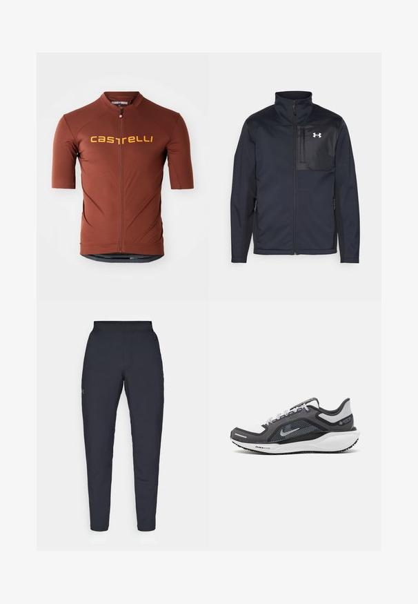 Czarna kurtka z długim rękawem i wysokim kołnierzem, z zamkiem błyskawicznym z przodu, kieszeniami bocznymi oraz kontrastującym czarnym panelem na klatce piersiowej z logo.; Koszulka rowerowa z krótkim rękawem w ciemnoczerwonym kolorze, z pełnym zamkiem błyskawicznym z przodu i odważnym żółtym logo "castelli" na klatce piersiowej.; Czarne spodnie sportowe o gładkiej fakturze, dopasowanym kroju, elastycznej talii i bocznych kieszeniach. Posiadają małe logo na lewym udzie.; Czarne i szare buty sportowe z siateczkową cholewką, odblaskowymi akcentami i białą podeszwą środkową. Posiadają teksturowaną gumową podeszwę i sznurowadła.