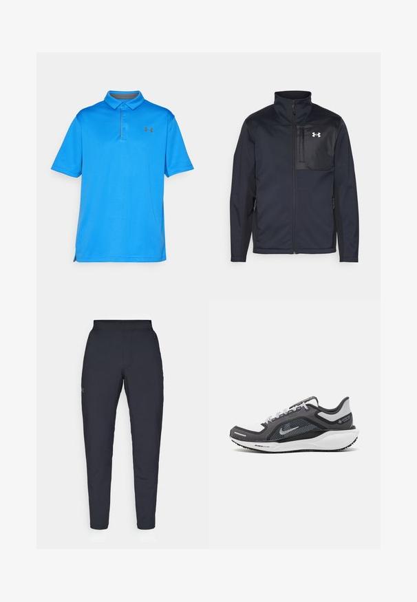 Chaqueta negra de manga larga con cuello alto, que cuenta con un cierre frontal, bolsillos laterales y un panel en el pecho de color negro en contraste con un logotipo.; Camisa polo azul hecha de tejido texturizado, con cuello, mangas cortas y un sutil logotipo en el pecho. Aberturas laterales para mayor comodidad de movimiento.; Pantalones deportivos negros con una textura suave, corte ajustado, cinturilla elástica y bolsillos laterales. Presentan un pequeño logo en el muslo izquierdo.; Zapatilla deportiva negro y gris con parte superior de malla, acentos reflectantes y una entresuela blanca. Presenta una suela de goma texturizada y cordones.