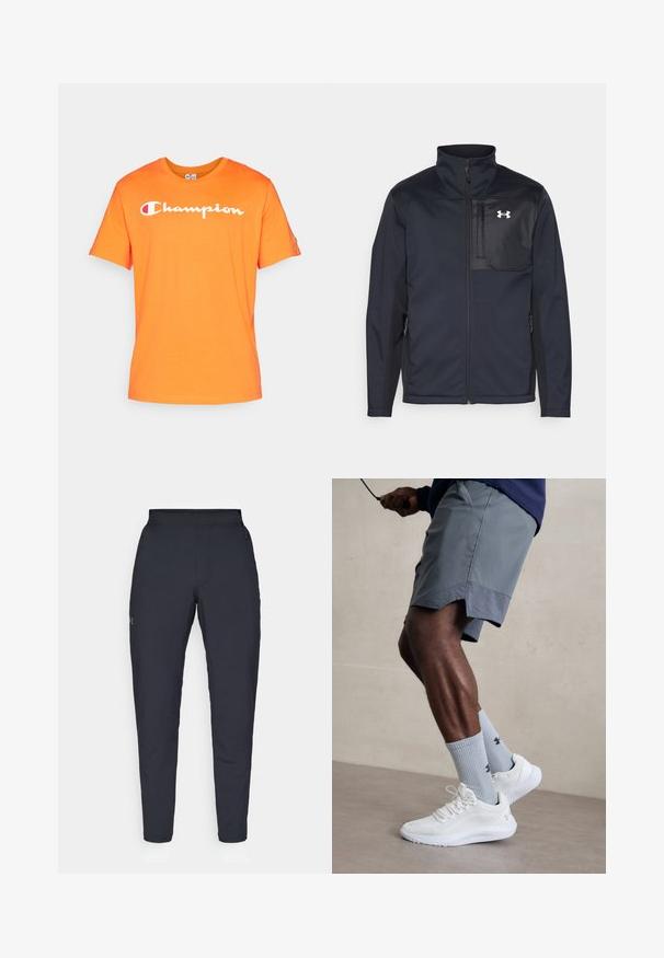 Čierna bunda s dlhým rukávom a vysokým golierom, vybavená predným zipsom, bočnými vreckami a kontrastným čiernym panelom na hrudi s logom.; Oranžové bavlnené tričko s okrúhlym výstrihom a krátkymi rukávmi. Na prednej strane sa nachádza biele textové logo "Champion". Hladká textura.; Čierne športové nohavice s hladkým povrchom, priliehavým strihom, elastickým pásom a bočnými vreckami. Obsahujú malé logo na ľavom stehne.; Biele atletické topánky s textúrovaným sieťovinovým zvrškom, v kombinácii so svetlomodrými rebrovanými ponožkami s logom. Šedé atletické šortky s perforovaným lemem.