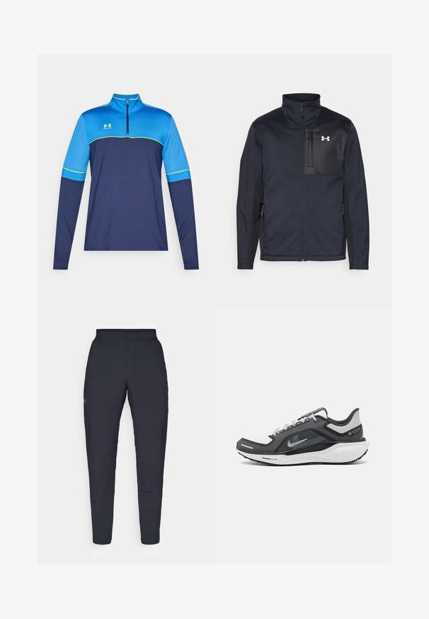 Pikkade varrukatega must jakk kõrge kraega, millel on ees tõmblukk, küljetaskud ja kontrastsest mustast kangast rinnapaneel logoga.; Pikendustega sporditop, millel on pool-zip krae. Sinise ja tumesinise värvilised plokid roheliste aktsentidega. Sujuv kangas, sportlik lõige. Under Armouri logo on nähtav.; Mustad mustreid spordipüksid, millel on sile tekstuur, kitsas lõige, elastne vöökoht ja küljetaskud. Vasakule reiele on tikandatud väike logo.; Mustern ja hallide värvusega spordijalats, millel on võrgusilmast ülemine osa, peegeldavad aktsendid ja valge vaheosa. Omab tekstuuriga kummist välisosa ja kingapaelu.