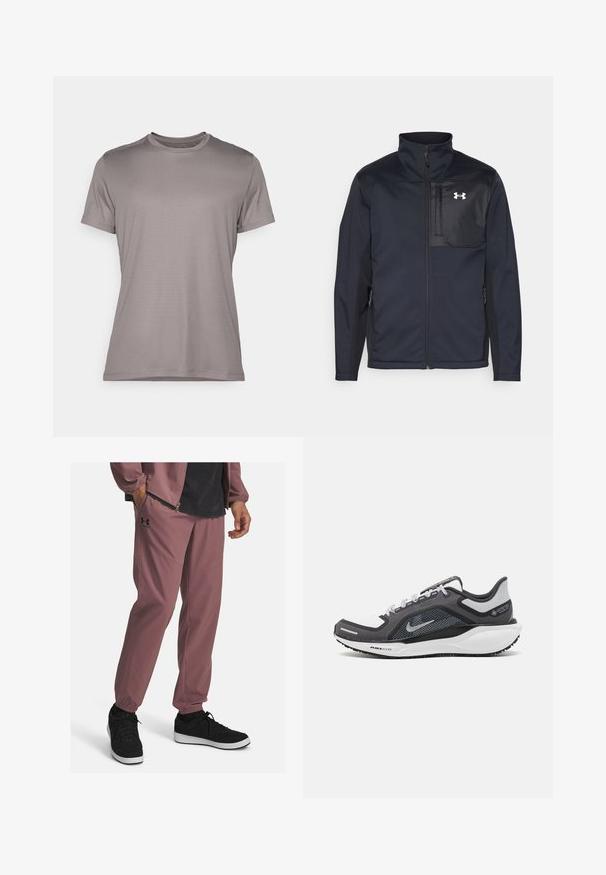 Chaqueta negra de manga larga con cuello alto, que cuenta con un cierre frontal, bolsillos laterales y un panel en el pecho de color negro en contraste con un logotipo.; Camiseta gris de manga corta hecha de tela texturizada, con cuello redondo y un sutil acento de logo en la manga. Diseño simple y limpio.; Pantalones jogger de color malva claro, fabricados en tejido suave, con puños elásticos, bolsillos laterales y un logotipo sutil en el muslo izquierdo. Zapatillas negras mostradas.; Zapatilla deportiva negro y gris con parte superior de malla, acentos reflectantes y una entresuela blanca. Presenta una suela de goma texturizada y cordones.