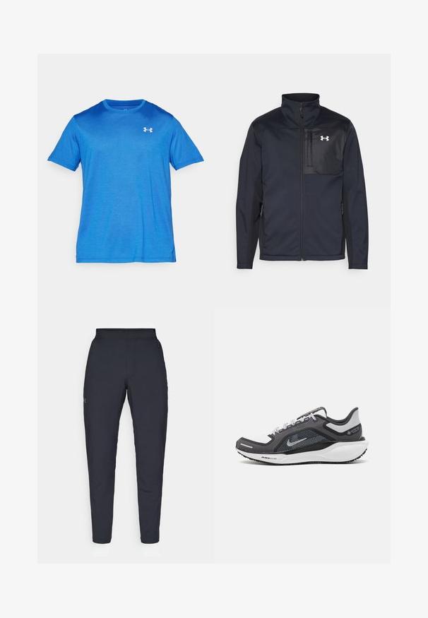 Pikkade varrukatega must jakk kõrge kraega, millel on ees tõmblukk, küljetaskud ja kontrastsest mustast kangast rinnapaneel logoga.; Lühikeste varrukatega sportlik t-särk gradientsinises, valmistatud kergest kangast. Omab ümmargust kaelust ja väikest logo vasakul ülal.; Mustad mustreid spordipüksid, millel on sile tekstuur, kitsas lõige, elastne vöökoht ja küljetaskud. Vasakule reiele on tikandatud väike logo.; Mustern ja hallide värvusega spordijalats, millel on võrgusilmast ülemine osa, peegeldavad aktsendid ja valge vaheosa. Omab tekstuuriga kummist välisosa ja kingapaelu.