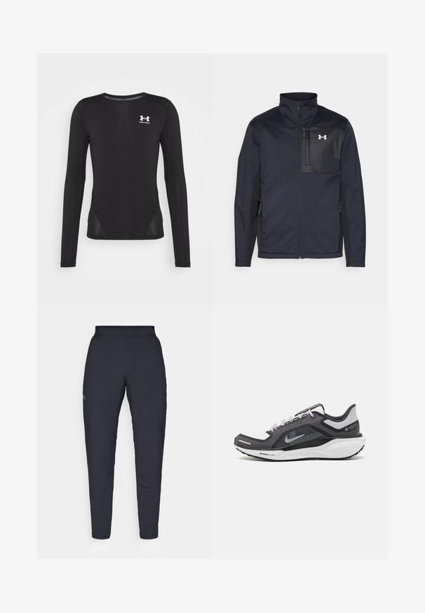Juodas ilgomis rankovėmis švarkas su aukštu apykakle, užsegamas priekyje užtrauktuku, su šoninėmis kišenėmis ir kontrastingu juodu krūtinės skyriumi su logotipu.; Juodas ilgomis rankovėmis sportinis marškinėliai, pagaminti iš lygaus, lengvo audinio. Su pritaikytu dizainu ir tinklinėmis šoninėmis dalimis. „Under Armour“ logotipas ant krūtinės.; Juodos sportinės kelnės su lygiu paviršiumi, siauru siluetu, elastingu juosmeniu ir šoninėmis kišenėmis. Mažas logotipas yra kairėje šlaunyje.; Juodas ir pilkas sportinis batelis su tinkleliu viršuje, atspindinčiais akcentais ir balta vidurinė dalimi. Yra tekstūruota guminė išorinė pada ir raišteliai.