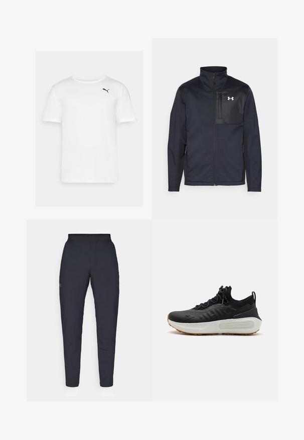 Jachetă neagră cu mâneci lungi, cu guler înalt, având un fermoar frontal, buzunare laterale și un panou central contrastant negru cu un logo.; Tricou alb cu mânecă scurtă, confecționat dintr-un material neted, având un mic logo negru Puma în zona stângă a pieptului. Guler rotund, fără modele.; Pantaloni sportivi negri cu o textură fină, croială slim, talie elastică și buzunare laterale. Prezentă un mic logo pe coapsa stângă.; Pantofii sport negri au un material superior texturat, o guler tip ciorap, șireturi gri și o talpă intermediară albă cu un design patterned, completată de o talpă din cauciuc.