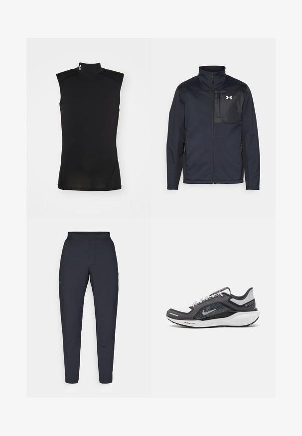 Zwarte lange mouwen jas met een hoge kraag, voorzien van een ritssluiting aan de voorkant, zijzakken en een contrasterend zwart borstpaneel met een logo.; Zwarte mouwloze top met hoge nek gemaakt van soepel, rekbaar materiaal. Voorzien van vlakke naden en een subtiele logoaccent bij de kraag.; Zwarte sportbroeken met een gladde textuur, slanke pasvorm, elastische tailleband en zijzakken. Bevat een klein logo op het linkerdij.; Zwarte en grijze sportschoen met een bovenwerk van mesh, reflecterende accenten en een witte tussenzool. Beschikt over een gestructureerde rubberen zool en veters.