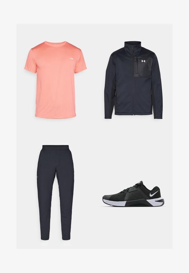 Zwarte lange mouwen jas met een hoge kraag, voorzien van een ritssluiting aan de voorkant, zijzakken en een contrasterend zwart borstpaneel met een logo.; Licht koraalkleurig T-shirt met korte mouwen, gemaakt van textuurstof, met een ronde halslijn en een klein wit logo op de borst.; Zwarte sportbroeken met een gladde textuur, slanke pasvorm, elastische tailleband en zijzakken. Bevat een klein logo op het linkerdij.; Nike Performance METCON 10 - Trainingsschoen - black/white/anthracite