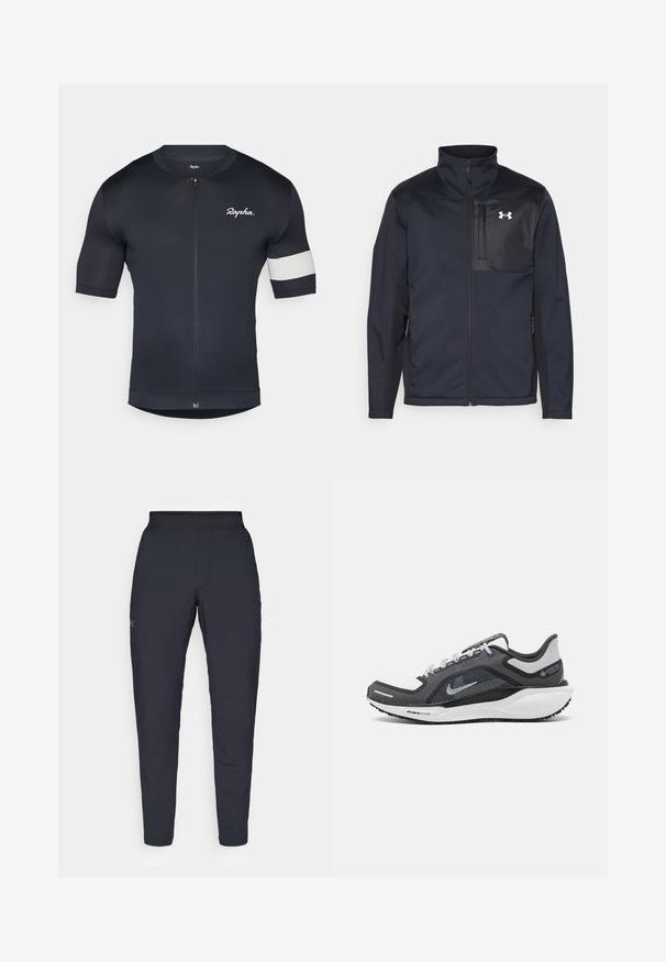 Langermet svart jakke med høy krage, med glidelås foran, sidelommer, og en kontrasterende svart brystpanel med et logo.; Korte erm sykkeltrøye i mørk marineblå, med frontglidelås, teksturert stoff, og en hvit stripe på venstre arm med logodetalj.; Sorte treningbukser med glatt tekstur, smal passform, elastisk midjebånd og sidelommer. Har en liten logo på venstre lår.; Svart og grå atletisk sko med mesh-overdel, refleksdetaljer og hvit mellomsåle. Har strukturert gummisåle og lisser.
