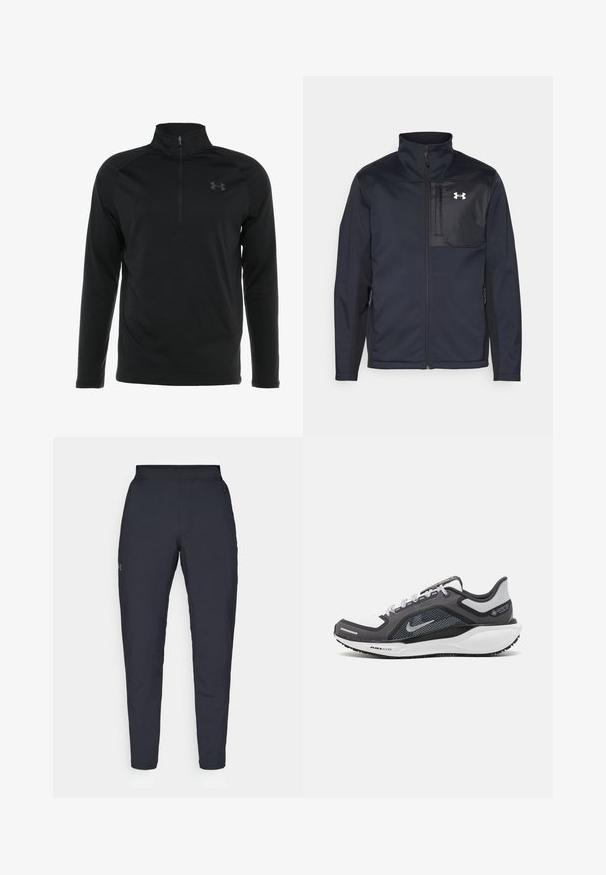 Zwarte lange mouwen jas met een hoge kraag, voorzien van een ritssluiting aan de voorkant, zijzakken en een contrasterend zwart borstpaneel met een logo.; Zwarte pullover met lange mouwen en een half-rits kraag, gemaakt van gladde, rekbare stof, met een subtiele logo op de borst.; Zwarte sportbroeken met een gladde textuur, slanke pasvorm, elastische tailleband en zijzakken. Bevat een klein logo op het linkerdij.; Zwarte en grijze sportschoen met een bovenwerk van mesh, reflecterende accenten en een witte tussenzool. Beschikt over een gestructureerde rubberen zool en veters.