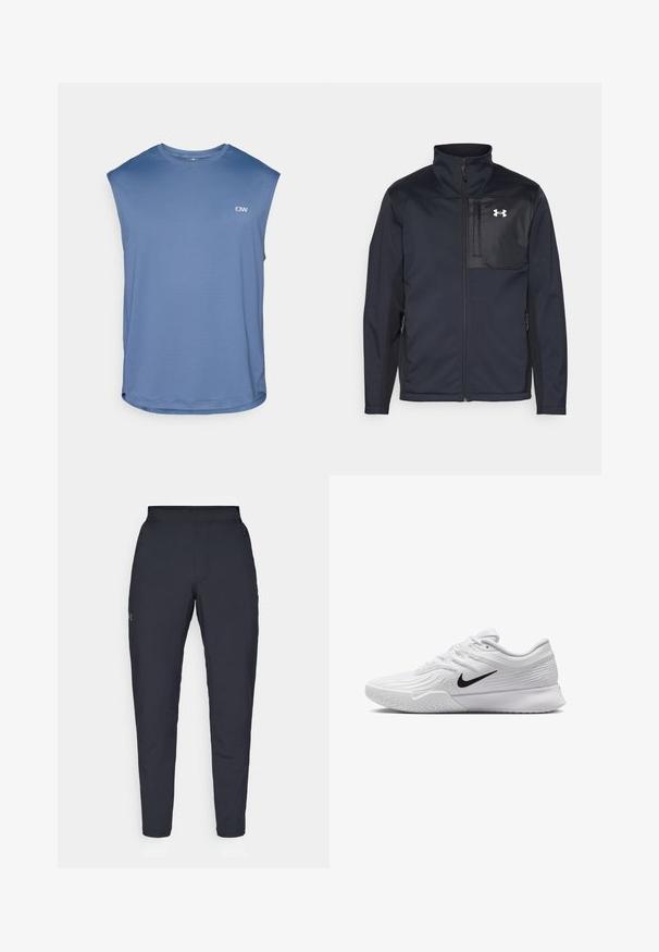 Zwarte lange mouwen jas met een hoge kraag, voorzien van een ritssluiting aan de voorkant, zijzakken en een contrasterend zwart borstpaneel met een logo.; ICANIWILL STRIDE SLEEVELESS - Top - dusty twilight blue; Zwarte sportbroeken met een gladde textuur, slanke pasvorm, elastische tailleband en zijzakken. Bevat een klein logo op het linkerdij.; Witte sportieve schoen met textuur in het mesh bovenwerk, zwarte Nike swoosh, gevoerde kraag en rubberen zool met een profielpatroon.