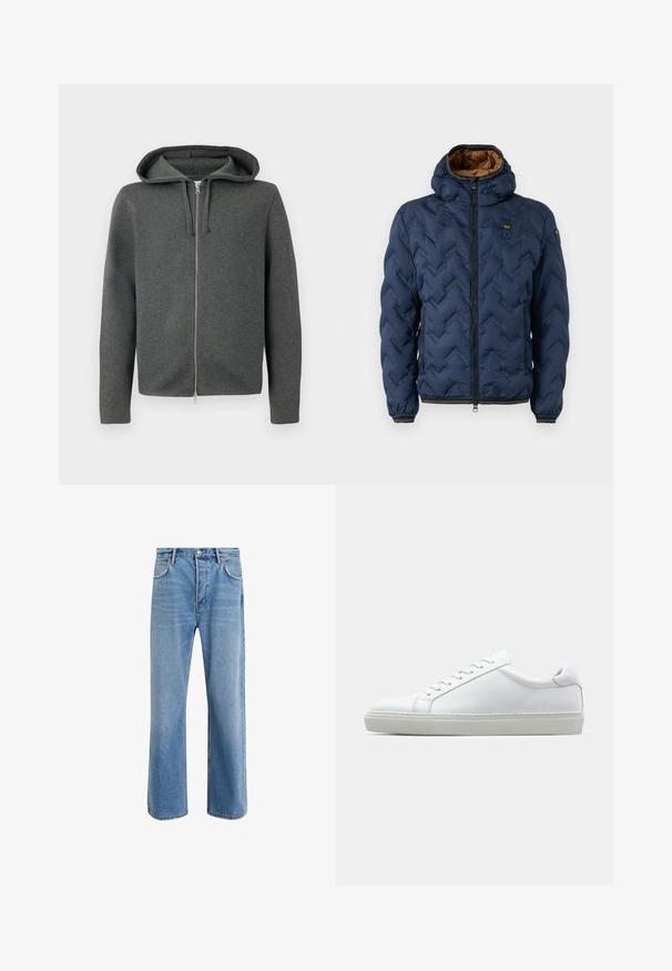 Laivaston sininen toppatakki, jossa on v-kirjaimen muotoinen kuvio, vetoketjullinen etuosa ja irrotettava huppu. Vuoritettu ruskealla kankaalla ja siinä on joustavat hihansuut ja helmassa oleva resori.; Harmaa vetoketjuhuppari, jossa on huppu, valmistettu pehmeästä kankaasta. Vetoketju on sileä ja hihansuut pitkät. Minimalistinen muotoilu, ei näkyviä kuvioita.; Pitkähihaiset, korkea kauluksellinen paita vaaleasta kermaisen värisestä puuvillasta. Sileä pinta, rento malli, minimalistinen muotoilu, ei näkyviä kuvioita tai yksityiskohtia.; Vaaleansiniset farkut suoranlahkeisella muotoilulla, viisi taskua, nappisuljenta, vähäinen kuluminen ja kontrastiväriset ompeluyksityiskohdat.; Valkoinen tennari, jossa on sileä nahkapäällinen ja matala profiili. Ominaisuuksiin kuuluu pyöreä kärki, kuusi rei'itystä ja teksturoitu kumipohja.