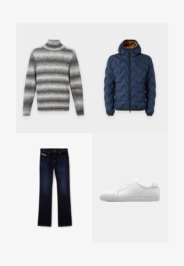 Navy blue puffer jacket with a chevron pattern, zip front, and detachable hood. Lined with brown fabric and features elastic cuffs and hem.; Gray and white striped turtleneck sweater with ribbed neck, offering a soft texture and standard long sleeves.; Dark blue denim jeans with a straight leg cut, featuring orange stitching, a zip fly, and front pockets. Smooth texture and standard waistband.; White sneaker with a smooth leather upper and a low profile. Features a rounded toe, six eyelets, and a textured rubber sole.