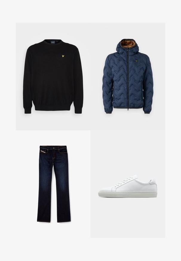 Laivaston sininen toppatakki, jossa on v-kirjaimen muotoinen kuvio, vetoketjullinen etuosa ja irrotettava huppu. Vuoritettu ruskealla kankaalla ja siinä on joustavat hihansuut ja helmassa oleva resori.; Mustat neulepaidat, joissa on pitkät hihat ja pyöreä pääntie. Vasemmassa rinnassa pieni keltainen kotkalogo. Rannekkeet ja helma joustavia.; Paita polo dengan lengan panjang berwarna beige terang, terbuat dari kain halus, dilengkapi dengan kerah polo, placket dua kancing, dan tambalan logo kecil di dada.; Tummansinisiä farkkuja, joissa on suora lahje, oransseilla ompeleilla, vetoketjulla ja etutaskuilla. Sujuva pinta ja normaali vyötärö.; Valkoinen tennari, jossa on sileä nahkapäällinen ja matala profiili. Ominaisuuksiin kuuluu pyöreä kärki, kuusi rei'itystä ja teksturoitu kumipohja.