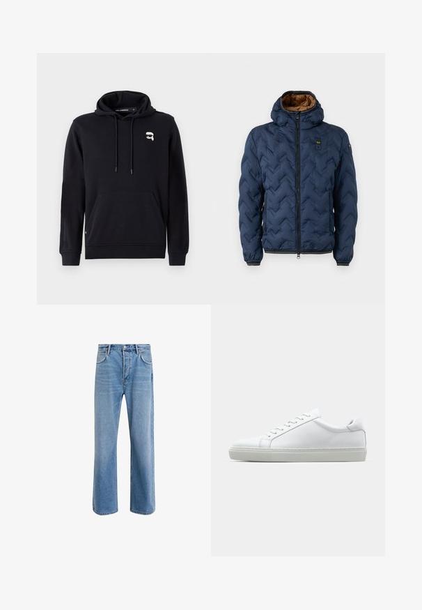 Sötétkék steppelt dzseki cikk-cakk mintával, elöl cipzárral és levehető kapucnival. Barna szövet bélelt, rugalmas mandzsettákkal és szegéllyel rendelkezik.; Fekete, pamutból készült kapucnis pulóver, elülső zsebbel, állítható zsinóros kapucnival és kis logó részlettel a bal felső mellrészen.; Világoskék farmernadrág, egyenes szárú fazonnal, öt zsebbel, gombos záródással, minimális kopással és kontrasztos varrással.; Fehér sportcipő sima bőr felső résszel és alacsony profilsal. Kerek orr, hat fűzőlyuk és barázdált gumitalp jellemzi.