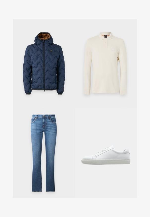 Laivaston sininen toppatakki, jossa on v-kirjaimen muotoinen kuvio, vetoketjullinen etuosa ja irrotettava huppu. Vuoritettu ruskealla kankaalla ja siinä on joustavat hihansuut ja helmassa oleva resori.; Paita polo dengan lengan panjang berwarna beige terang, terbuat dari kain halus, dilengkapi dengan kerah polo, placket dua kancing, dan tambalan logo kecil di dada.; Siniset farkut suoran lahkeen muotoilulla, jossa on vaaleaa kulumista, viisi taskua ja metalliosat. Vyötäröosassa on vyölenkit.; Valkoinen tennari, jossa on sileä nahkapäällinen ja matala profiili. Ominaisuuksiin kuuluu pyöreä kärki, kuusi rei'itystä ja teksturoitu kumipohja.