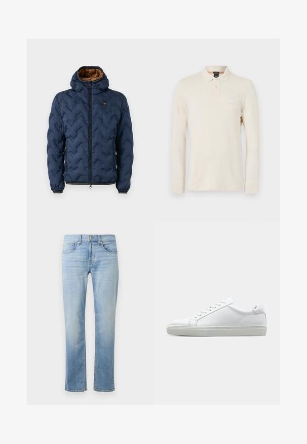 Mörkblå vadderad jacka med chevronmönster, dragkedja fram och avtagbar huva. Fodrad med brunt tyg och har elastiska ärmslut och fåll.; Långärmad polo t-shirt i ljusbeige, tillverkad av ett mjukt tyg, med polo-krage, knappslå med två knappar och en liten logotyp på bröstet.; Ljust blå denimjeans med rakt ben, fem fickor, synlig sömnad och en urblekt finish vid låren och knäna.; Vit sneaker med en slät läderövre och låg profil. Har en rundad tå, sex snörhål och en strukturerad gummisula.