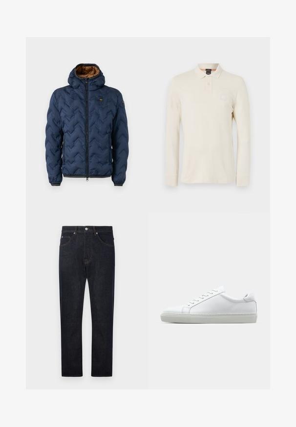 Mörkblå vadderad jacka med chevronmönster, dragkedja fram och avtagbar huva. Fodrad med brunt tyg och har elastiska ärmslut och fåll.; Långärmad polo t-shirt i ljusbeige, tillverkad av ett mjukt tyg, med polo-krage, knappslå med två knappar och en liten logotyp på bröstet.; Mörkblå denimjeans med raka ben, som har fem fickor, kontrasterande orange sömnad och en knappstängning i midjan.; Vit sneaker med en slät läderövre och låg profil. Har en rundad tå, sex snörhål och en strukturerad gummisula.