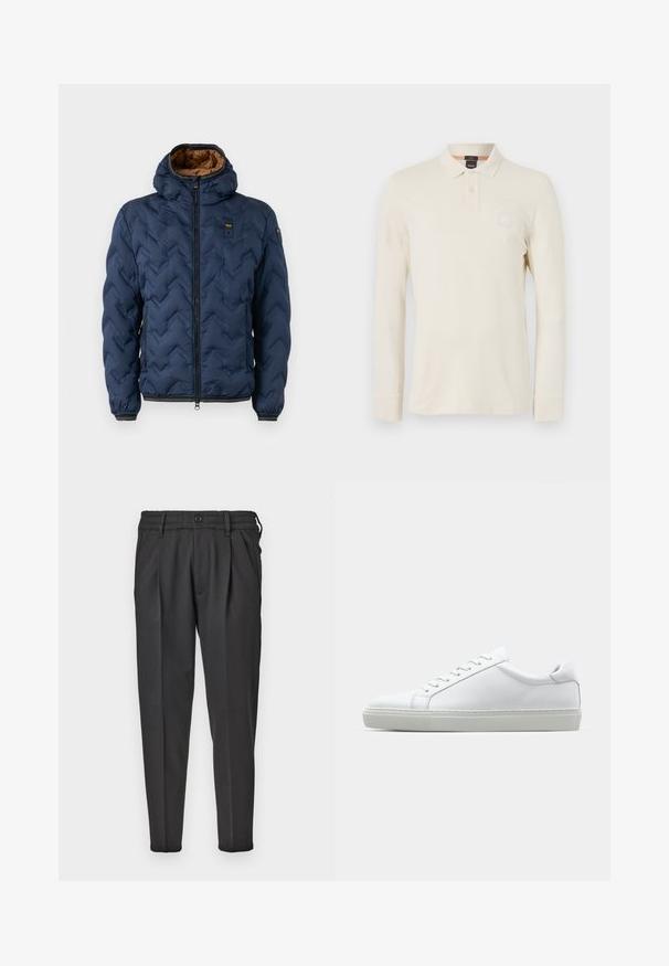 Laivaston sininen toppatakki, jossa on v-kirjaimen muotoinen kuvio, vetoketjullinen etuosa ja irrotettava huppu. Vuoritettu ruskealla kankaalla ja siinä on joustavat hihansuut ja helmassa oleva resori.; Paita polo dengan lengan panjang berwarna beige terang, terbuat dari kain halus, dilengkapi dengan kerah polo, placket dua kancing, dan tambalan logo kecil di dada.; Mustat housut, jotka on valmistettu sileästä kankaasta, joissa on pleidattu etuosa, joustava vyötärö ja suorapohjaiset lahkeet, jotka kapenevat alaspäin.; Valkoinen tennari, jossa on sileä nahkapäällinen ja matala profiili. Ominaisuuksiin kuuluu pyöreä kärki, kuusi rei'itystä ja teksturoitu kumipohja.