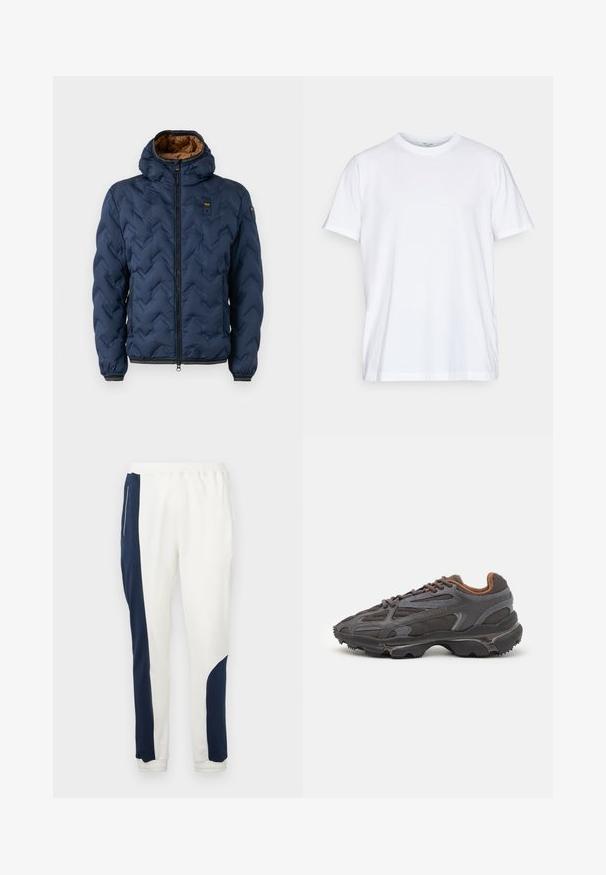 Navy blue puffer jacket with a chevron pattern, zip front, and detachable hood. Lined with brown fabric and features elastic cuffs and hem.; White cotton t-shirt with short sleeves, round crew neckline, and a relaxed fit. Features minimalistic design, no patterns or accents.; White jogger pants featuring navy side panels and elastic cuffs, made of soft fabric with a smooth texture and a drawstring waistband.; Lacoste sneakers in dark gray with mesh and synthetic material, featuring a textured sole and brown accents on the collar and branding.