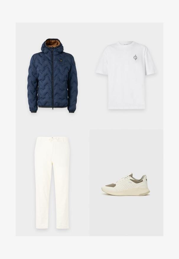 Sötétkék steppelt dzseki cikk-cakk mintával, elöl cipzárral és levehető kapucnival. Barna szövet bélelt, rugalmas mandzsettákkal és szegéllyel rendelkezik.; Fehér pamut póló laza szabással, kis fekete grafikai logóval a bal mellen. Rövid ujjak, kerek nyakkivágás.; Fehér, könnyű vászon nadrág, húzózsinórral a deréknál. Egyenes szárú kialakítás, minimális textúrával és látható minták vagy hardver részletek nélkül.; Fehér és világos bézs sportcipő, légies hálós felsőrésszel, perforált részletekkel és texturált középtalppal, amelyen a saroknál a márka logója található.