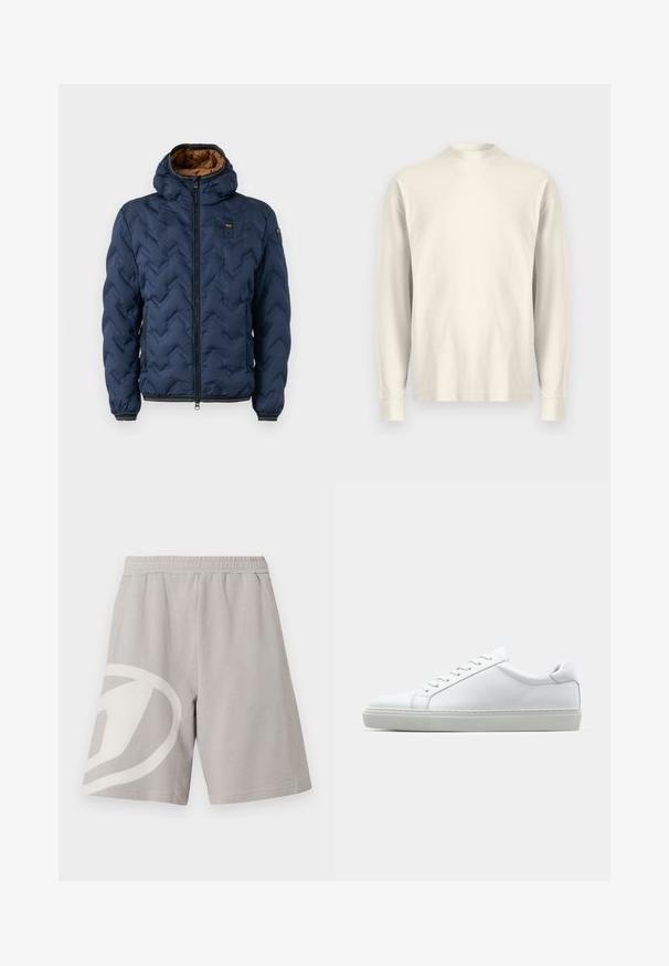 Geacă puf albastru marin cu model chevron, fermoar frontal și glugă detașabilă. Căptușită cu material maro și prevăzută cu manșete și tiv elastice.; Cămașă cu mâneci lungi și guler înalt din bumbac crem deschis. Textură netedă, croială lejeră, design minimalist, fără modele sau accente vizibile.; Pantaloni scurți casual gri deschis cu talie elastică și design abstract alb mare pe piciorul stâng, expuși pe fundal alb.; Adidași albi cu o suprafață din piele netedă și un profil jos. Au un vârf rotunjit, șase orificii pentru șireturi și o talpă din cauciuc texturată.