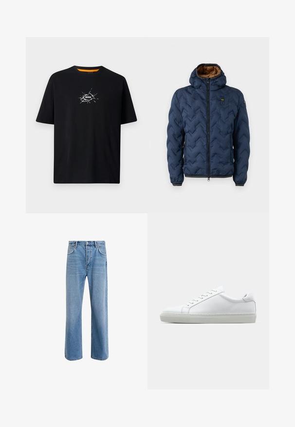 Geacă puf albastru marin cu model chevron, fermoar frontal și glugă detașabilă. Căptușită cu material maro și prevăzută cu manșete și tiv elastice.; Tricou negru din bumbac, cu o croială lejeră, având o grafică albă cu o mână care străpunge, cu cuvântul "BOSS" în centrul său. Detaliu portocalie la gât.; Jeans din denim bleu deschis cu un design drept, cinci buzunare, închidere cu buton, decolorare minimă și detalii de cusătură în contrast.; Adidași albi cu o suprafață din piele netedă și un profil jos. Au un vârf rotunjit, șase orificii pentru șireturi și o talpă din cauciuc texturată.