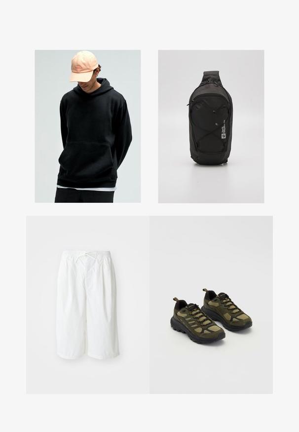 Lehká šedá bunda s kapucí, zapínáním na zip, velkou náprsní kapsou, texturovanou tkaninou a elastickými stahovacími šňůrkami na kapuci a spodním lemu.; Černá mikina s kapucí a klokankou, vyrobená z měkké tkaniny. Spárovaná se světle růžovou kšiltovkou s logem.; Bílé kraťasy s elastickým pasem a šňůrkou, zobrazené na jednoduchém světlém pozadí. Vhodné pro každodenní nebo letní nošení.; Zelené a černé sportovní boty s texturovaným svrškem, síťovinovými panely, odolnou podešví a šněrovacím designem s vyztuženou špičkou a patou.; Černý batoh s aerodynamickým designem, vyrobený z odolné tkaniny. Obsahuje zipovou kapsu, elastické šňůrkové detaily a logo.