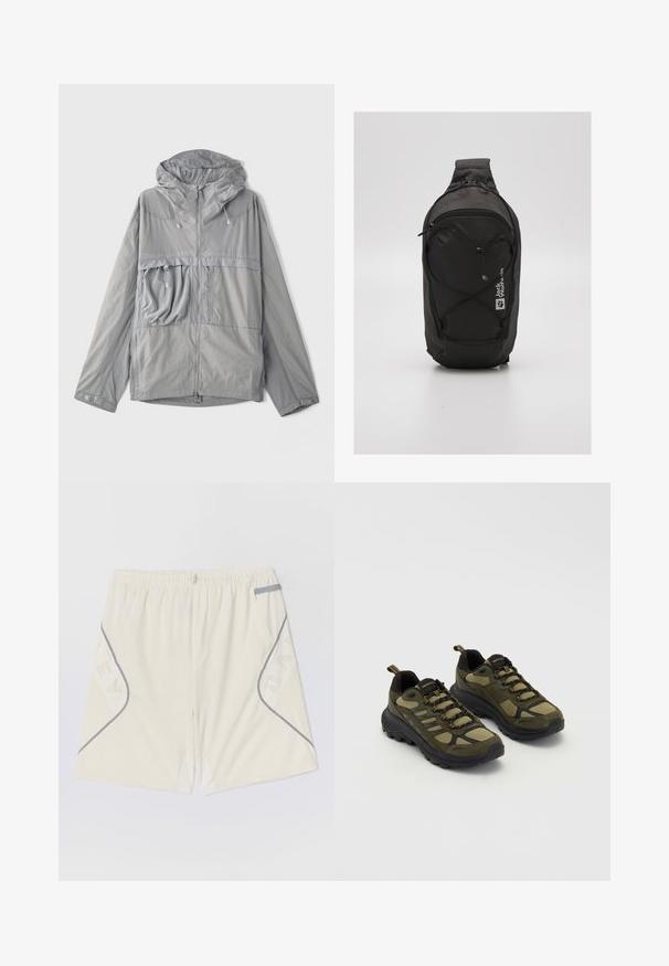 Lengvas pilkas džemperis su gobtuvu, zipu užsegimu priekyje, dideliu krūtiniu kišeniu, tekstūruota medžiaga ir elastinėmis raištelėmis gobtuve bei apatinėje dalyje.; Trumpas rankovės, rudas marškinėliai, pagaminti iš minkštos medžiagos, su apvalia kaklo iškirpte ir šoninėmis išpjovomis papildomam patogumui. Paprastas, nepuošnus dizainas.; Šviesiai smėlio spalvos sportiniai šortai su elastinga juostele, pilku apvadu ir šoninėmis kišenėmis, turinčiomis raštuotą dizainą. Pagaminti iš kvėpuojančios medžiagos.; Žalios ir juodos sportinės avalynės, turinčios tekstūruotą viršutinę dalį, tinklelio elementus, tvirtą padą ir raištelių užsegimą su sustiprintu pirštu ir kulnu.; Juoda kuprinė su aerodinaminėmis formomis, pagaminta iš tvirto audinio. Pasižymi užtrauktuku uždaromu skyriumi, elastingomis virvėmis ir logotipo detaliu.