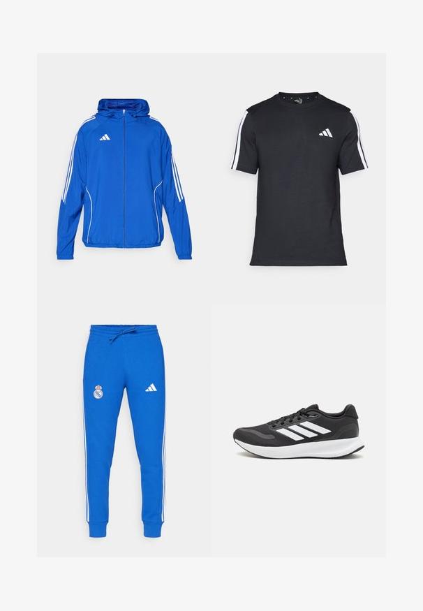 Niebieska lekka kurtka z zamkiem z przodu, kapturem, elastycznymi mankietami i białymi paskami po bokach. Posiada logo na górnej lewej stronie klatki piersiowej.; Czarna koszulka z krótkim rękawem, wykonana z bawełny, z białymi paskami na ramionach i białym logo po lewej stronie klatki piersiowej.; Niebieskie dresy z bawełny z białymi paskami po bokach, elastycznym pasem i sznurkiem. Zawierają logo Real Madryt na lewym udzie.; Czarne buty sportowe z oddychającą siateczką, białymi akcentami i wyściełaną podeszwą. Posiadają logo w postaci trzech pasków po boku.