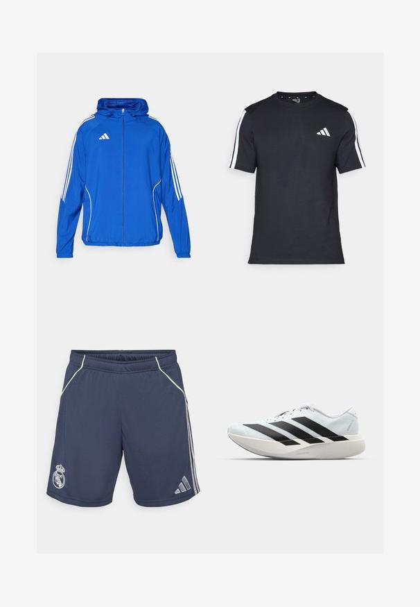 Blå lättviktsjacka med dragkedja fram, huva, elastiska ärmslut och vita ränder längs sidorna. Har en logotyp på övre vänstra bröstet.; Svart T-shirt i bomull med korta ärmar, prydd med vita ränder på axlarna och en vit logotyp på vänster bröst.; Navy idrottsshorts tillverkade av mjukt tyg, med ljusgröna detaljer och silverfärgade sidolinjer. Inkluderar en Real Madrid-logo.; Lätta löparskor i ljusblått med svarta ränder. Har en slät ovandel, rund tå och tjock vit mellansula märkt "LIGHTSTRIKE PRO."