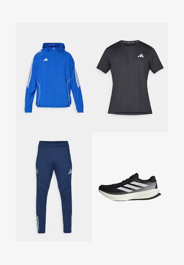 Blue lightweight jacket with a zip front, hood, elastic cuffs, and white stripes along the sides. Features a logo on the upper left chest.; Black athletic t-shirt, short sleeves, round neckline, made from lightweight fabric. Features a reflective Adidas logo on the front.; Navy athletic pants with an elastic waistband, tapered leg design, silver logo on the thigh, and distinctive three-stripe detailing on the lower leg.; Black athletic shoe with a mesh design, featuring white stripes, a rounded toe, and a textured sole for grip and support.