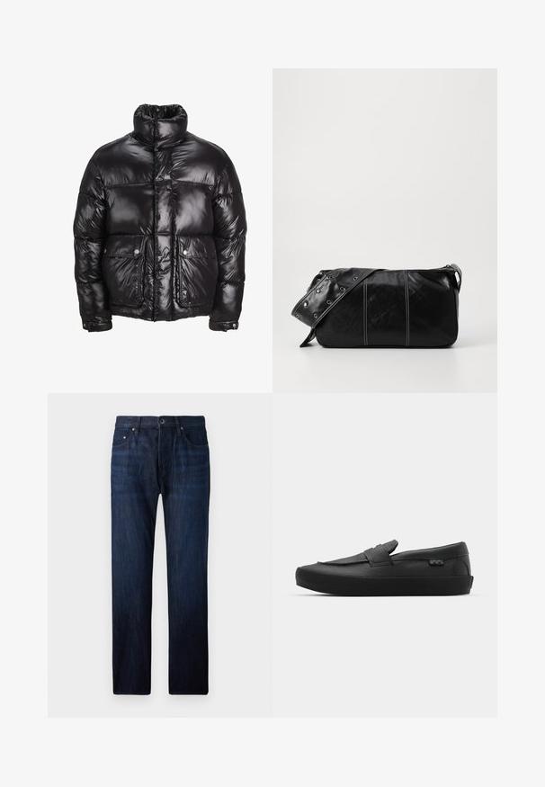 Casaco puffer preto feito de material brilhante, com um colarinho alto, dois bolsos frontais com fecho de pressão e um design acolchoado.; Sweatshirt com capuz verde de algodão, com um bolso canguru na parte da frente, punhos canelados e logotipo bordado em branco no peito. Design simples.; Jeans de denim azul escuro com corte reto, apresentando cinco bolsos, fecho frontal com botão e desbotamento sutil próximo aos joelhos.; Vans SKATE LOAFER UNISEX - Sapatilhas - black; Bolsa de ombro em couro preto com fecho em zíper, apresentando um corpo texturizado, costura branca e uma alça com ilhós prateados.
