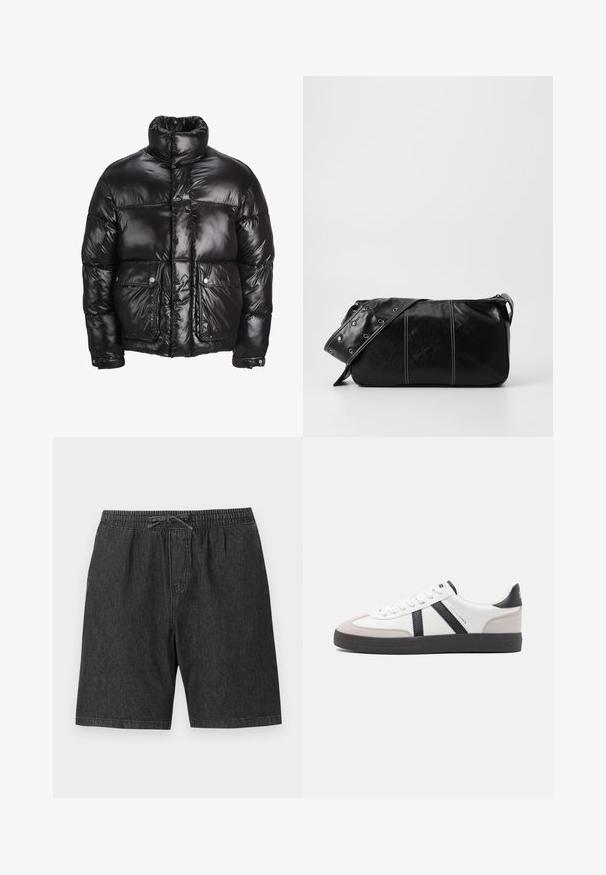 Black puffer jacket made of shiny material, featuring a high collar, two front pockets with snap closures, and a padded design.; Green cotton hooded sweatshirt with a front kangaroo pocket, ribbed cuffs, and embroidered logo on the chest in white. Simple design.; Black denim shorts with an elastic waistband and adjustable drawstring. Features side pockets and a loose, relaxed fit.; White sneaker with black and gray accents, featuring a textured gray toe cap, black rubber sole, and flat white laces. Clean design, minimalist style.; Black leather shoulder bag with a zip closure, featuring a textured body, white stitching, and a strap with silver grommets.