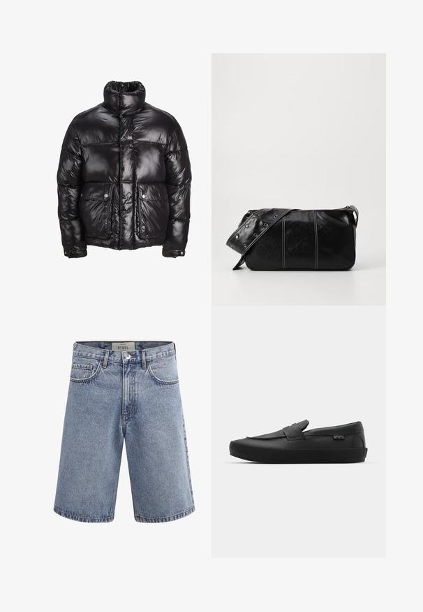 Casaco puffer preto feito de material brilhante, com um colarinho alto, dois bolsos frontais com fecho de pressão e um design acolchoado.; Sweatshirt com capuz verde de algodão, com um bolso canguru na parte da frente, punhos canelados e logotipo bordado em branco no peito. Design simples.; Bermudas de ganga em azul claro com um acabamento desbotado. Apresenta cinco bolsos, fecho de zipper e uma cintura de altura média. Bainhas de costura dupla.; Vans SKATE LOAFER UNISEX - Sapatilhas - black; Bolsa de ombro em couro preto com fecho em zíper, apresentando um corpo texturizado, costura branca e uma alça com ilhós prateados.