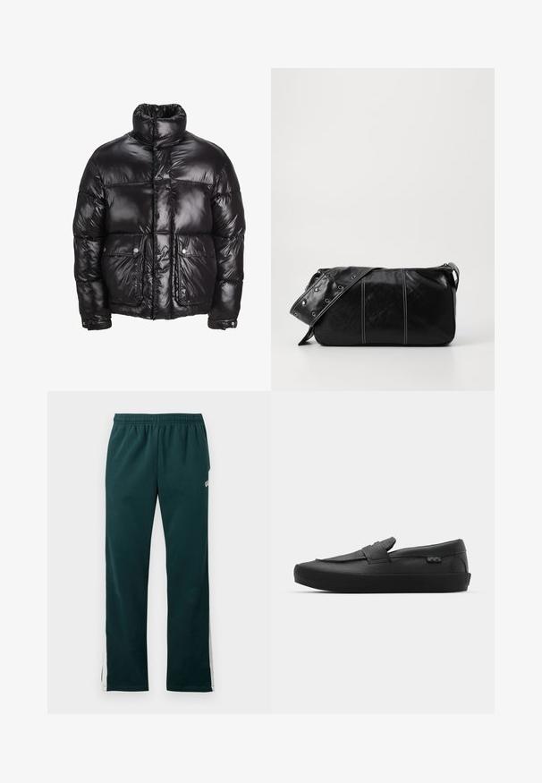Zwarte pufferjack gemaakt van glanzend materiaal, met een hoge kraag, twee voorzakken met drukknoopsluitingen en een gewatteerd ontwerp.; Groene katoenen hoodie met een voorkant kangaroozak, ribgebreide boorden en geborduurd logo op de borst in het wit. Eenvoudig ontwerp.; Donkergroene joggingbroek met elastische tailleband en witte strepen die langs de buitenzijden van de benen lopen.; Vans SKATE LOAFER UNISEX - Sneakers laag - black; Zwarte leren schoudertas met een ritsluiting, voorzien van een gestructureerd lichaam, witte stiksels en een band met zilveren oogjes.