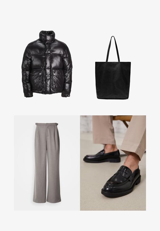 Czarna puchowa kurtka wykonana z błyszczącego materiału, z wysokim kołnierzem, dwiema przednimi kieszeniami zapinanymi na napy oraz pikowanym fasonem.; Brązowy sweter prążkowany z długimi rękawami i okrągłym dekoltem. Charakteryzuje się teksturowanym materiałem oraz dopasowanym krojem w talii i przy mankietach.; Jasnoszare spodnie typu wide-leg wykonane z tkaniny przędziwej. Posiadają zaszewki w talii oraz szlufki na pasek. Gładka tekstura i pełna długość.; Czarne skórzane mokasyny o gładkim wykończeniu, z dekoracyjnym paskiem i kontrastowym szwem, w połączeniu z beżowymi spodniami.; Czarna skórzana torba tote z długimi, płaskimi uchwytami. Prosty design, prostokątny kształt, gładka faktura i brak widocznych elementów metalowych lub ozdób.