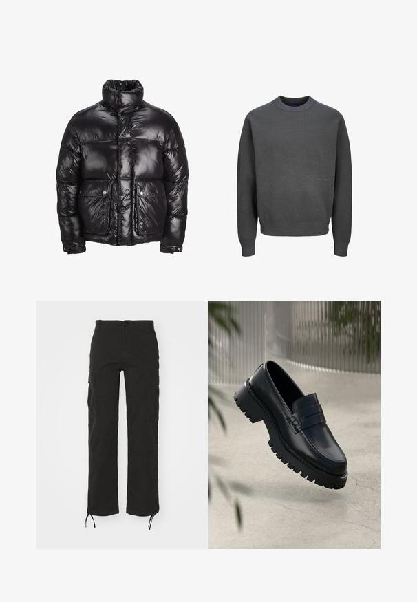 Svart puffjacka i glansigt material, med hög krage, två framfickor med tryckknappar och en vadderad design.; Mörkgrå tröja i strukturerad stickad textil, med ribbad rund halsringning och muddarna, samt en diskret logodetalj på framsidan.; Svarta cargo-byxor med rak ben, flera sidfickor och justerbara snoddar vid fållen. Tillverkade av ett hållbart tyg med en slät yta.; Svarta läder loafers med en kraftig sula, med en dekorativ rem och sömdetaljer. Slät yta med en polerad finish.